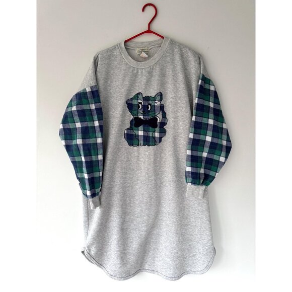 90s vintage plaid flannel cute kitten cat long sleeved pajama fleece sleep dress - Picture 9 of 10